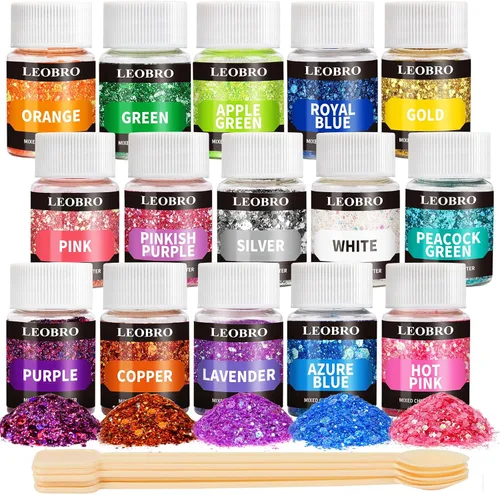 LEOBRO Purpurina gruesa holográfica, 15 colores para resina, cuerpo de uñas, joyería y manualidades, con 5 cucharas mezcladoras