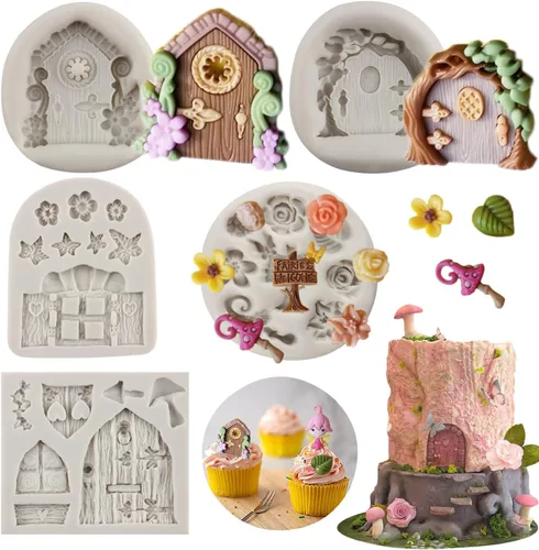 Sijiangmold Encantado Vintage Hada Jardín Gnomo de Hada Puerta de Hogar Silicona Flor Hoja Fondant Molde para decoración de tartas Chocolate Candy