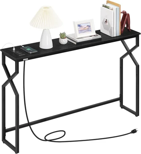 Miniatura 8 de MAHANCRIS Mesa de sofá de 44.9 pulgadas, mesa consola estrecha de 9.4 pulgadas con estación de carga, mesa de sofá detrás del sofá con Negro