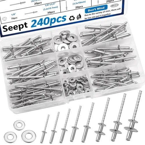 Miniatura 8 de 110 piezas de remaches de acero en 7 tamaños, kit de surtido de remaches de acero inoxidable 304 de 1/8", 5/32", 3/16" para metal, muebles, Plateado