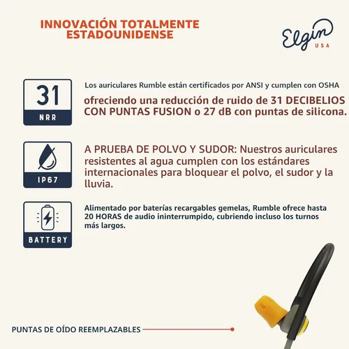 Miniatura 3 de Elgin Rumble Gen 2 Auriculares Bluetooth, reducción de ruido de 31 dB con puntas Fusion, tapones inalámbricos impermeables IP67, protección auditiva