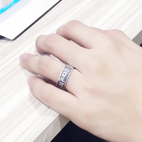 Miniatura 6 de JUNTEN Anillo de plata de ley 925 budista tibetana Om Mani Padme Hum Mantra para hombres y mujeres, anillos abiertos de 0.315in de ancho ajustables