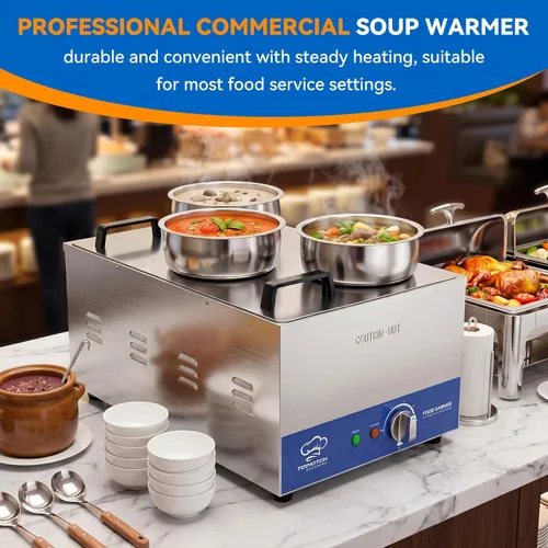 Miniatura 6 de TOPKITCH Calentador de sopa comercial 12L con olla de 3×4L para buffet Bain Marie, calentador de alimentos eléctrico comercial, tanque de una pieza