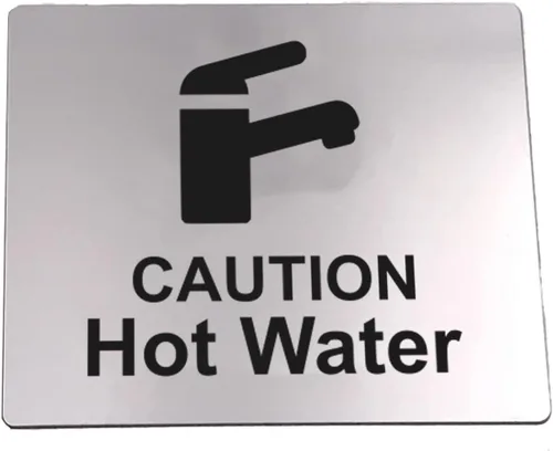 Miniatura 6 de Caution Hot Water, letrero para fregadero con adhesivo en la parte posterior, plateado metálico grabado en negro con símbolo de icono universal