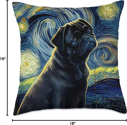 Miniatura 4 de black Pug Pet Love Fun Almohada de perro con diseño de pug negro en noche estrellada, 16 x 16 pulgadas, multicolor