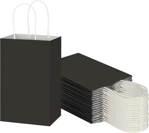 Toovip Paquete de 50 bolsas pequeñas de papel kraft negro de 5.25 x 3.25 x 8.25 pulgadas con asas a granel, bolsas de regalo para regalos de