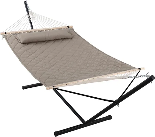 Miniatura 12 de ANOW Hamaca doble con combo de soporte de acero resistente de 12 pies, hamaca acolchada para 2 personas con soporte para exterior, capacidad