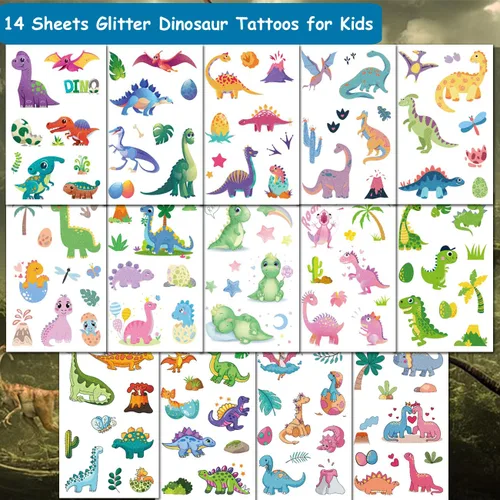 Miniatura 2 de CHARLENT 110 estilos de tatuajes temporales de dinosaurios con purpurina para niños, 14 hojas de tatuajes de dinosaurios con purpurina para niños