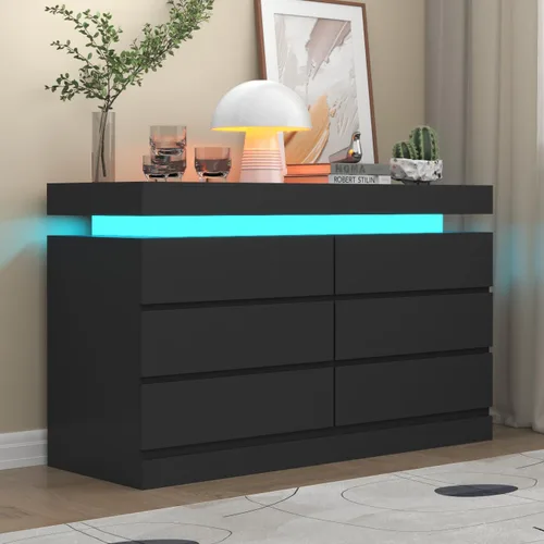 Gyfimoie Cómoda de 6 cajones con toma de corriente, cómoda con luz LED, cómoda moderna de cajones para armario, gabinete organizador de cajones Negro