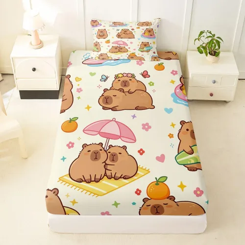 Miniatura 12 de Sábana bajera ajustable de Capybara de dibujos animados tamaño individual para niños, bonito juego de cama de Capybaras marrón para niños y niñas