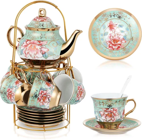 Miniatura 15 de Zhehao Juego de té de porcelana de 20 piezas con soporte de metal y cuchara para adultos, juego de té de cerámica para adultos, pintura de flores