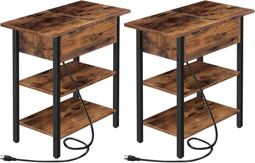 Miniatura 9 de HOOBRO - Mesa auxiliar lateral, mesa de centro abatible con estación de carga y estantes, puertos USB y tomas de corriente, mesita de noche estrecha