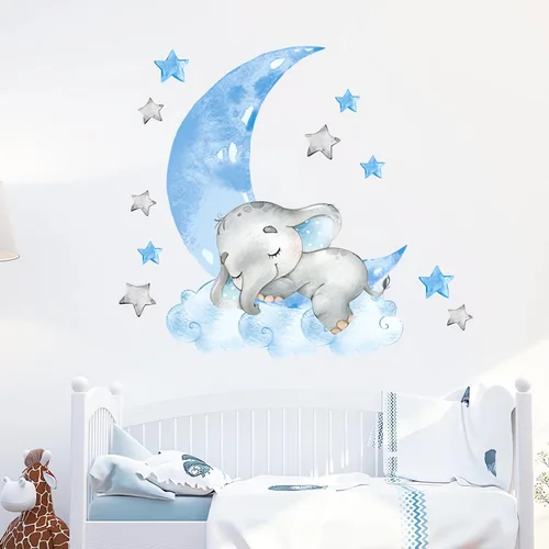 Calcomanías de pared de elefante azul dormido, diseño de luna y estrellas de sacinora para bricolaje, vinilo extraíble, despegar y pegar para niños,