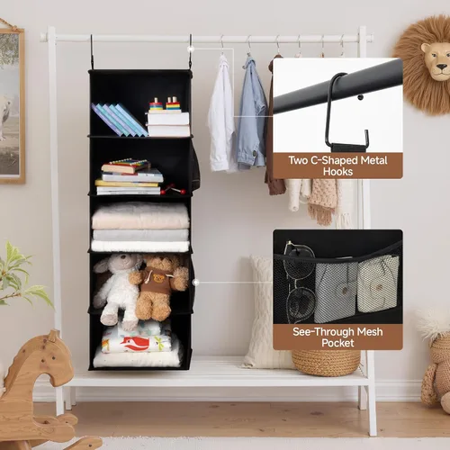 Miniatura 5 de StorageWorks Organizadores colgantes de armario con 5 estantes, organizador de almacenamiento plegable con 2 bolsillos laterales, estantes colgantes