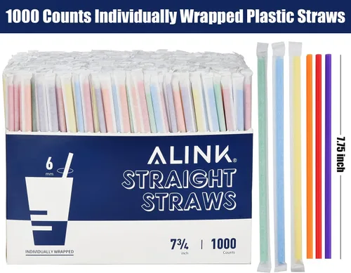 Miniatura 2 de ALINK 1000 popotes desechables de plástico de colores surtidos, pajitas rectas envueltas individualmente, 7.75 x 0.23 pulgadas