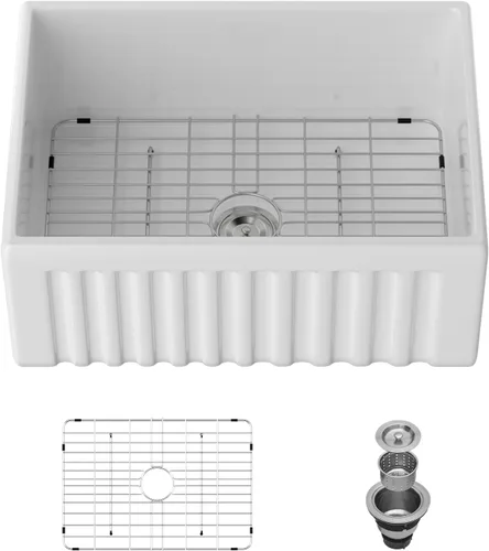 Miniatura 13 de Mocoloo Fregadero de cocina de granja blanco 33 – Fregadero plano de estilo rústico de 33 x 20 x 10 pulgadas, fregadero plano de estilo rústico
