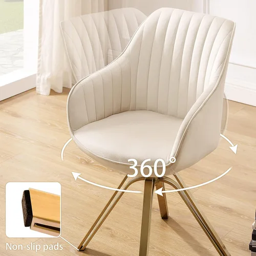 Miniatura 3 de Art Leon Silla giratoria moderna de mediados de siglo, silla de escritorio sin ruedas, sillón tapizado de tela con patas doradas, blanco roto Blanco