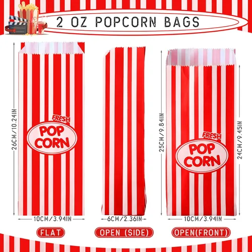 Miniatura 2 de Sherr 500 Piezas Bolsas de Palomitas de Maíz de 2oz a Granel Rayas Retro Rojas Bolsas de Palomitas de Maíz Desechables para Noches de Película Rojo