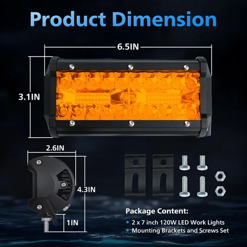 Miniatura 5 de 4WDKING Barra de luz LED ámbar de 7 pulgadas, 2 unidades de luz antiniebla para todo terreno con haz combinado de inundación puntual, luces