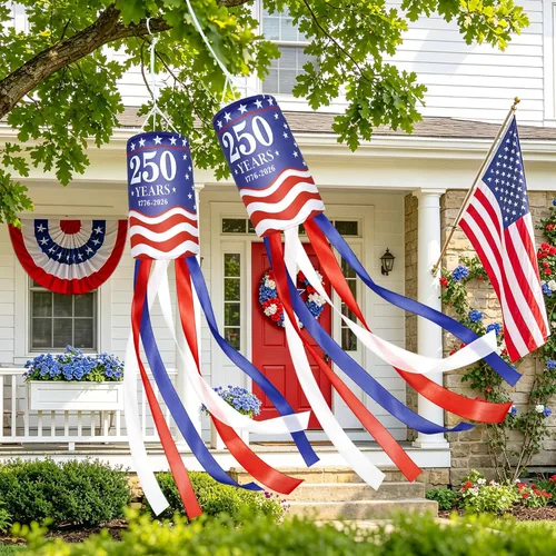 Miniatura 3 de 2Pcs 250 Years American Windsocks Decorations, Double Sided Red White Blue 250th Anniversary 1776-2026 WindSock for 4th July Memorial Day Patriotic