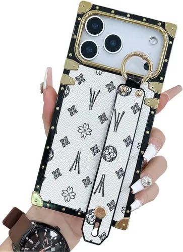 Miniatura 13 de Funda rectangular de cuero compatible con 11 con correa para muñeca, funda de diseñador de lujo para mujeres y niñas, funda protectora con soporte