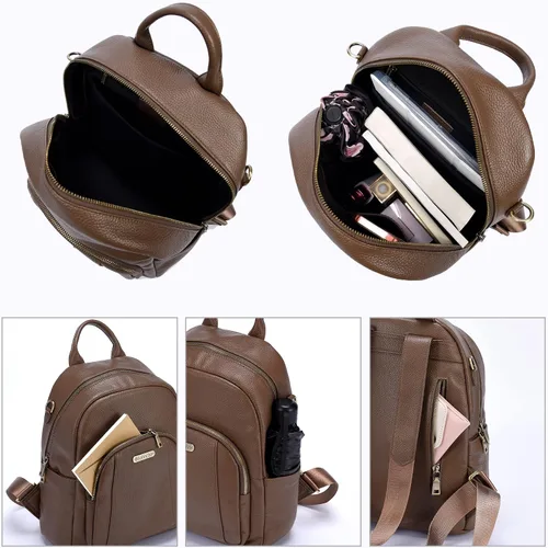 Miniatura 4 de Blofinche Pequeña mochila de cuero genuino para mujer, bolso convertible de diseñador para mujer, antirrobo, para el trabajo, casual, #1 Caqui mate