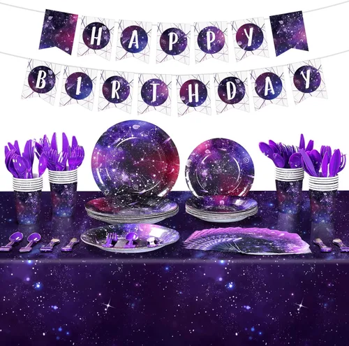 Tiamon Juego de vajilla de 171 piezas de decoración de fiesta espacial con temática espacial, decoración de cumpleaños, mantel de galaxia, platos de