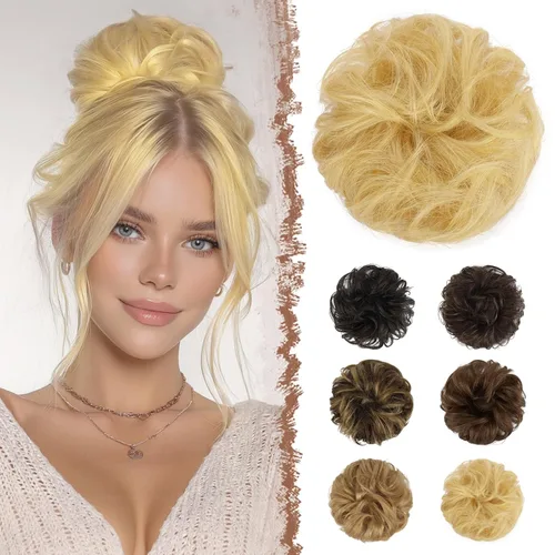Miniatura 10 de FESHFEN Moños Desordenados Humanos - Moño de Cabello Humano 100% Real Coleteros Scrunchies Piezas de Cabello Extensiones de Cola de Cabello Ondulado