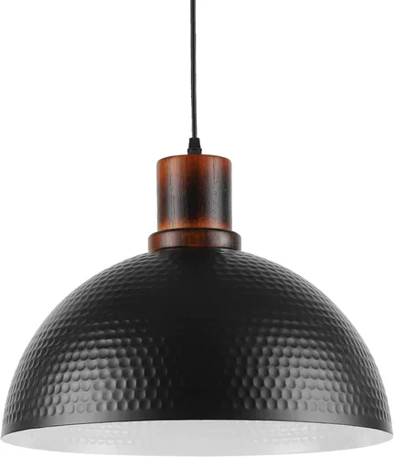 Miniatura 10 de Luces Colgantes Negras para Isla de Cocina, 11.8" Metal Martillado Negro Lámpara Colgante de Cúpula Iluminación Colgante Negra y de Madera Accesorio
