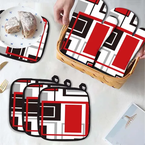 Miniatura 3 de MCALK Juego de 5 manoplas geométricas rojas para horno y soportes para ollas, guantes de horno negros y almohadillas calientes para cocina