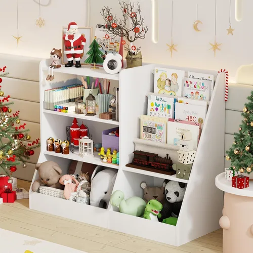 Miniatura 8 de IKALIFE Estantería de madera grande para niños de 39" y organizador de almacenamiento de juguetes, librero para bebés con estante colgante para Beige