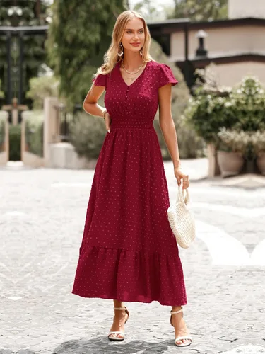 Miniatura 4 de PRETTYGARDEN Vestido de cóctel largo de manga corta con cuello en V para mujer, diseño de lunares suizos con volantes y escalonado