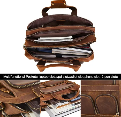 Miniatura 6 de LATÓN TACKS cuero completo 156 pulgadas portátil maletín para hombres vintage hecho a mano resistente al agua viaje de negocios