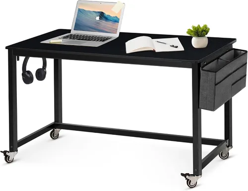 Miniatura 17 de AHB Escritorio para computadora con 4 ruedas lisas, escritorio móvil de estilo simple, mesa de estudio para oficina en casa, estación de trabajo