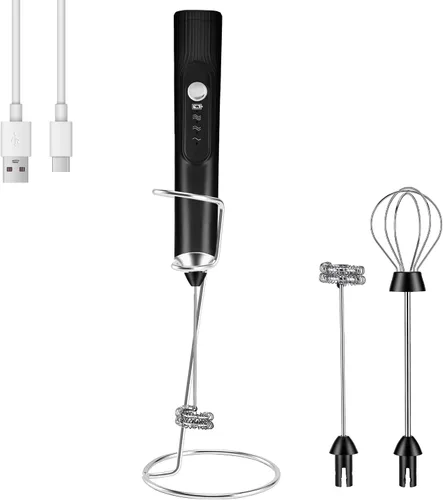 Miniatura 7 de Espumador de leche de mano + soporte recargable de 2000 mAh, espumador eléctrico con 2 batidores de acero inoxidable, mezclador de bebidas de 3