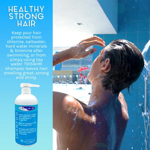Miniatura 3 de TRISWIM Champú eliminador de cloro de 32 onzas Elimina cloro, bromo, minerales de agua dura y agua salada Hidrata y restaura el cabello Seguro