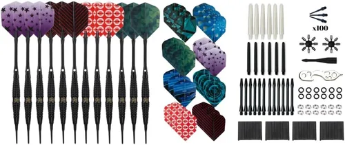 Miniatura 6 de Shot Taker Co. - Juego de dardos de punta suave, 12 piezas con 100 puntas de dardos adicionales, 24 protectores de vuelo y llave para tablero