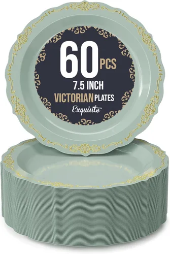 Miniatura 13 de SIZENAME - Platos de plástico desechables, diseño victoriano de calidad premium, color crema, para fiestas y bodas, 60