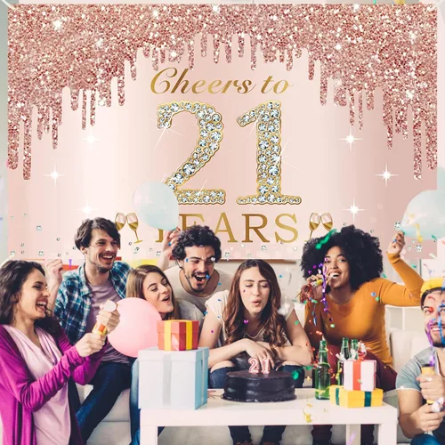 Miniatura 4 de Decoraciones grandes de cumpleaños de "Cheers to 21 años" para mujeres, pancarta de feliz cumpleaños de 21 años de oro rosa con texto en inglés