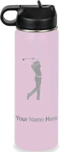 Miniatura 75 de LaserGram Botella de agua personalizada, golfista de golf, acero inoxidable de doble pared aislada al vacío con popote superior, regalo grabado Negro