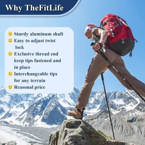 Miniatura 3 de TheFitLife Bastones de senderismo nórdicos – 2 palos con sistema antigolpes y bloqueo rápido, telescópico, plegable, ultraligero para senderismo