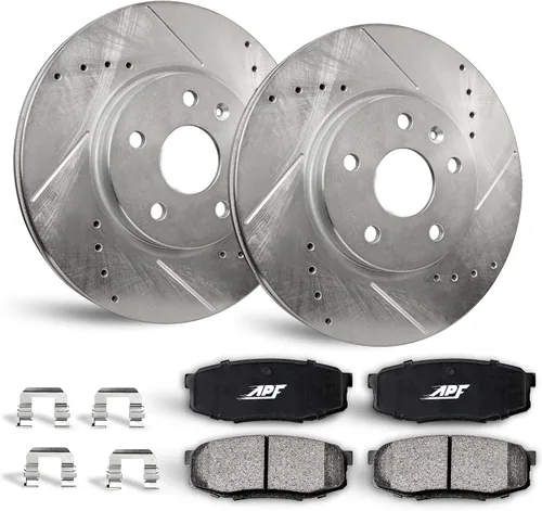 Kit de freno trasero compatible con Ford Fusion 2006-2012 Rotores perforados y ranurados de zinc con almohadillas de fibra de carbono | 5 lengüetas