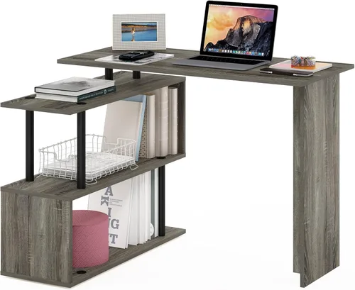 Miniatura 7 de Furinno Abbott - Escritorio en forma de L con estantería, color americano/cromado Americano/Cromo