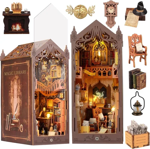 Miniatura 7 de Vaki Vaki Kit de casa en miniatura de jardín colgante con luz LED, kit de rincón de libro con cubierta para cumpleaños, sujetalibros de madera 3D
