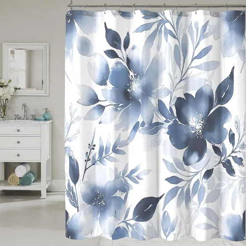Cortina de ducha floral, cortinas de ducha con flores de acuarela azul para baño, cortina de baño moderna minimalista impermeable de tela 72 x 72