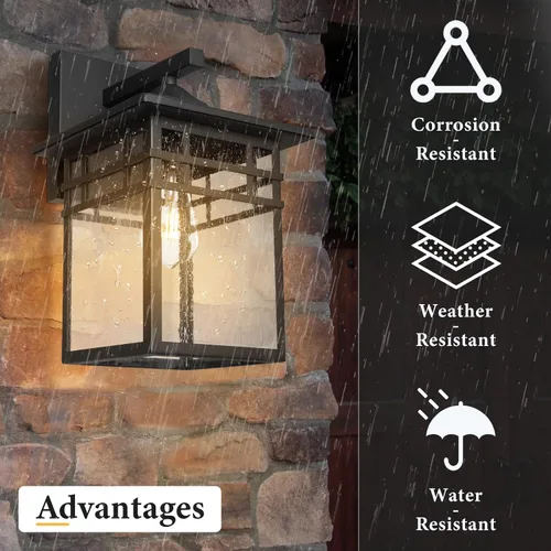Miniatura 3 de Lámpara de pared para exteriores, apliques de pared negros con vidrio sembrado para porche delantero, farol de pared cuadrado grande de 9 pulgadas