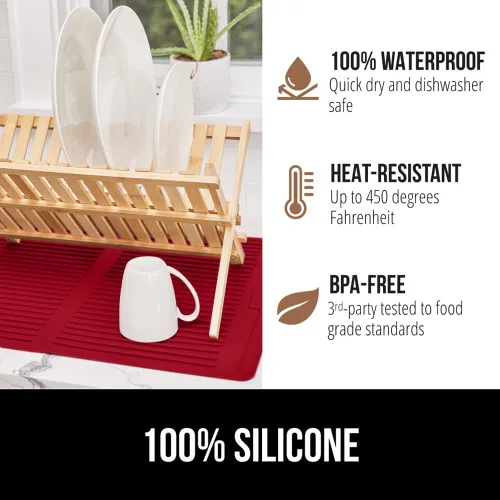 Miniatura 4 de GORILLA GRIP Tapete de secado de platos de silicona patentado 100% sin BPA para encimera de cocina, diseño acanalado para atrapar agua, fácil de Rojo