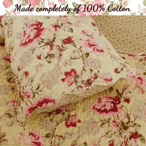 Miniatura 2 de Cozy Line Home Fashions Lelia Rosa Pink Floración Floral Vintage Amarillo Juego de Ropa de Cama Edredón Reversible 100% Algodón, Colcha Cubrecama