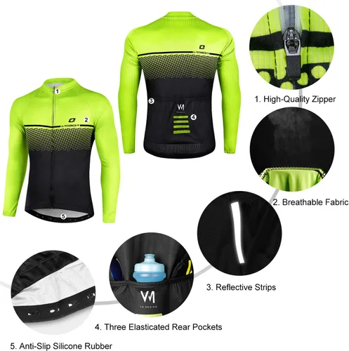 Miniatura 7 de Maillot de ciclismo para hombre, manga larga, con 3 bolsillos traseros, secado rápido, transpirable, para bicicleta