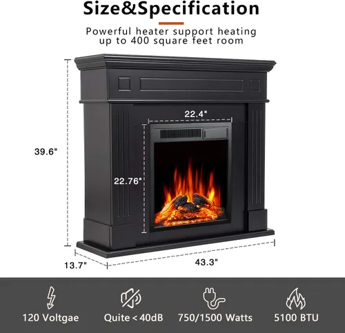 Miniatura 5 de R.W.FLAME - Chimenea eléctrica de 43" con repisa, caja de fuego envolvente de madera, soporte de TV con chimenea eléctrica de pie, control remoto